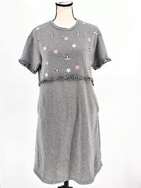 Hidden Alley Floral Embroidered Ruffle T-Shirt Dress Gray Pink Size Small